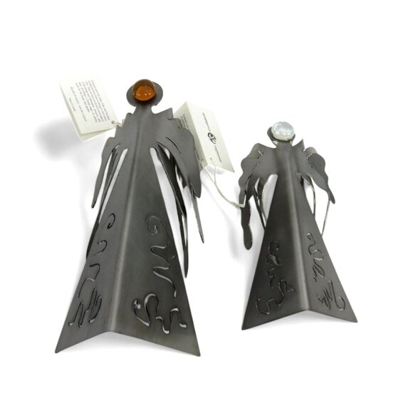 METALLIC EVOLUTION Steel Angel Sculptures Set Artistic Glass Marble Accents Cana - Picture 6 of 10